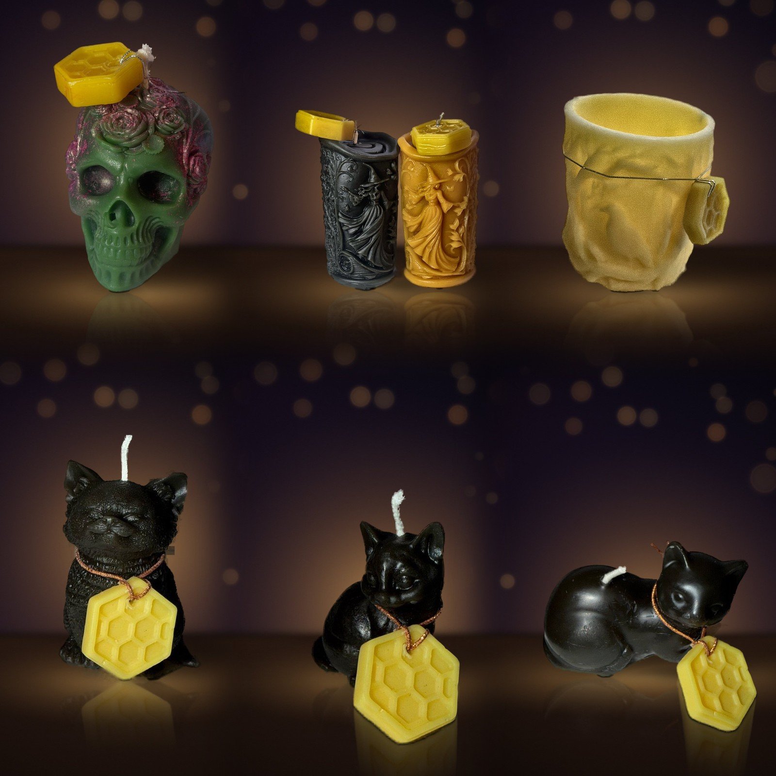 Maine beeswax rose skull, witch pillars, raven luminary, RBF cat, kitten and Meo cat · Hallows & Cats pack