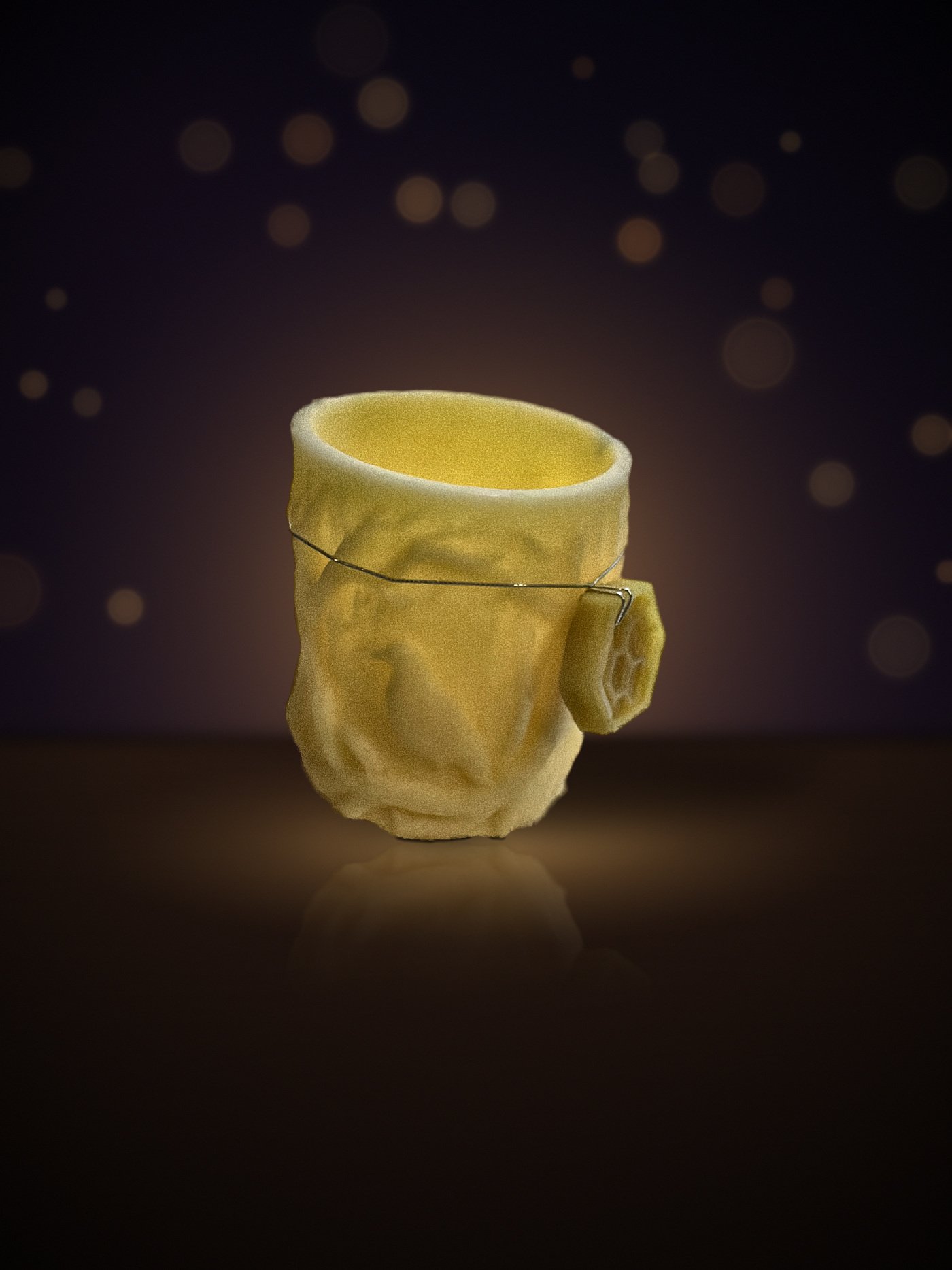 Maine beeswax raven luminary in natural beeswax with a raven relief and honeycomb tag, warm candlelit background