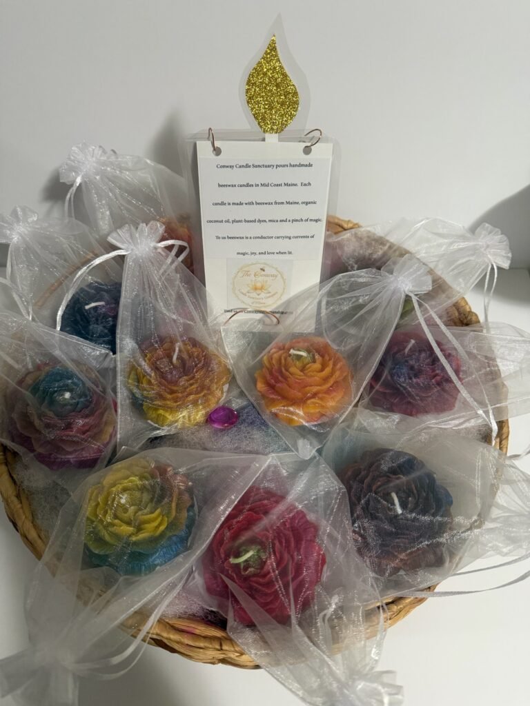 Finished basket of Maine beeswax rose candles · rose pack